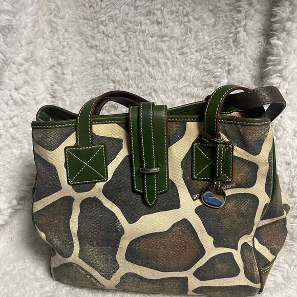 Dooney & Bourke Giraffe Print Canvas Olive Green & beige tote leather straps - Picture 5 of 15